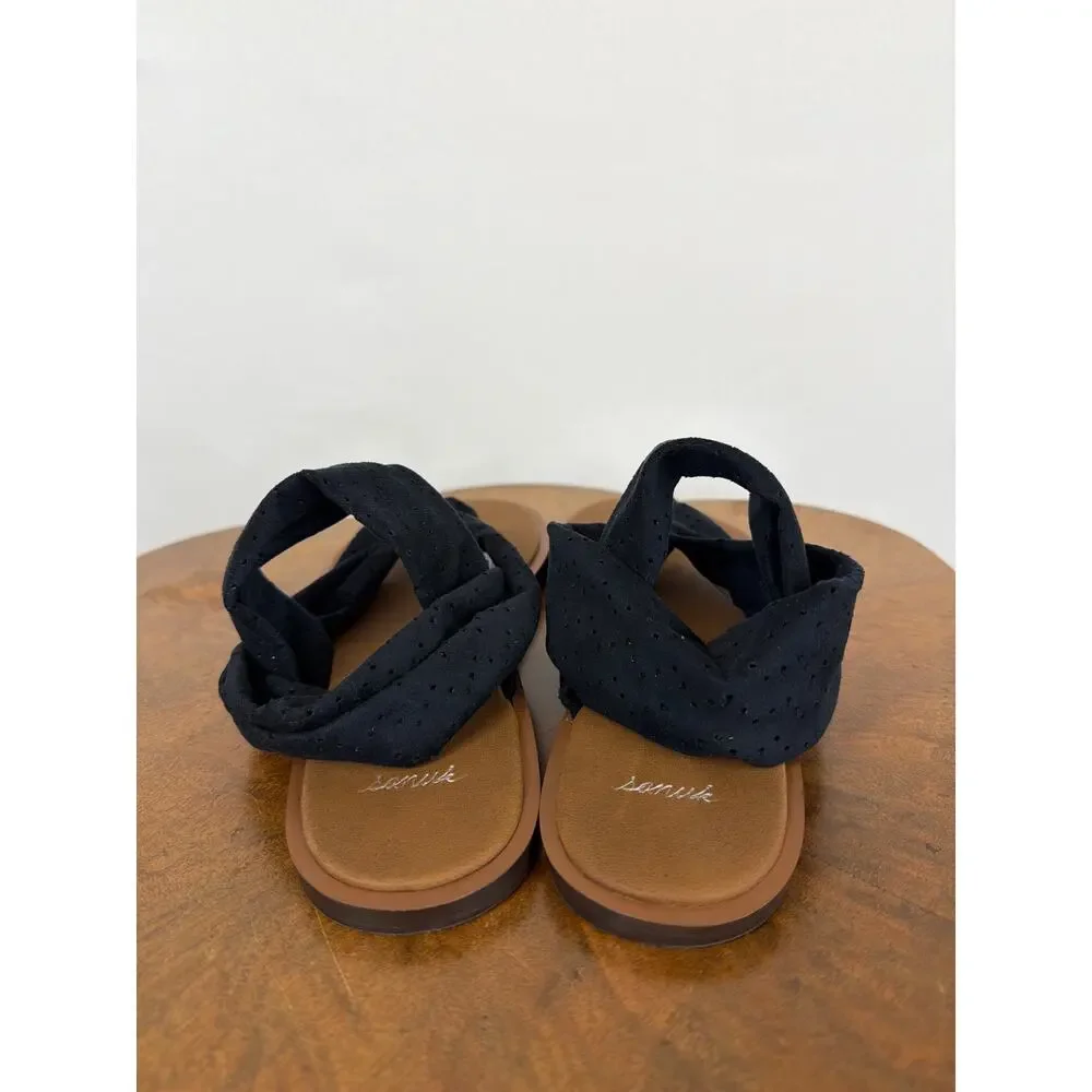 NWT Sanuk Yoga Devine Black Perforated Strap Sling Sandals Flip Flops Size 10